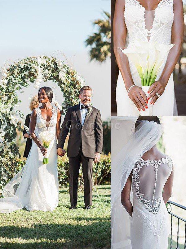 Robe de mariée de traîne courte collant textile en tulle v encolure avec sans manches