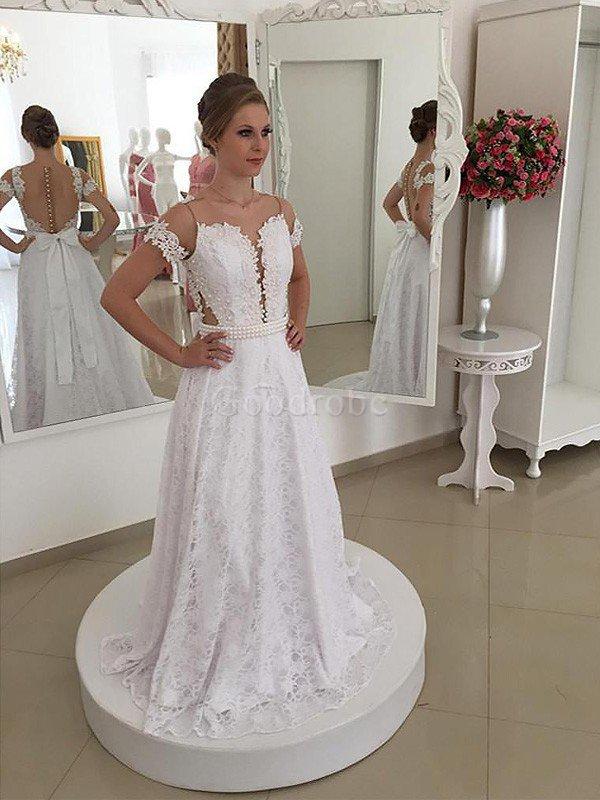 Robe de mariée naturel de princesse encolure ronde avec décoration dentelle a ligne