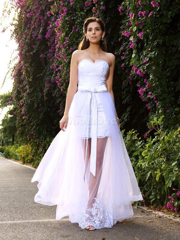 Robe de mariée longue longueur au niveau de sol appliques de col en cœur avec zip