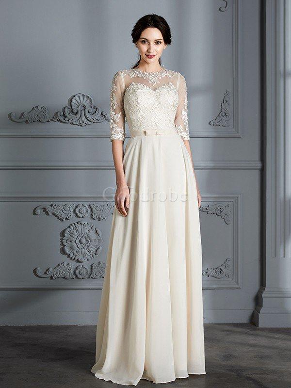 Robe de mariée naturel encolure ronde a ligne avec manche /2 avec sans manches