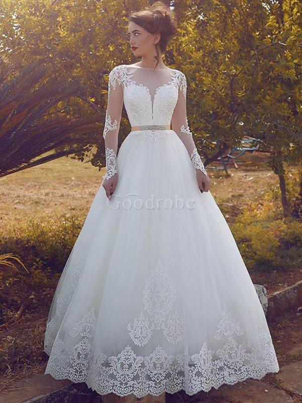 Robe de mariée naturel avec manche longue textile en tulle de mode de bal col en bateau