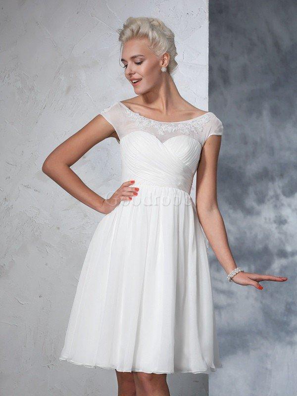 Robe de mariée de princesse au niveau de genou avec manche courte avec chiffon a ligne