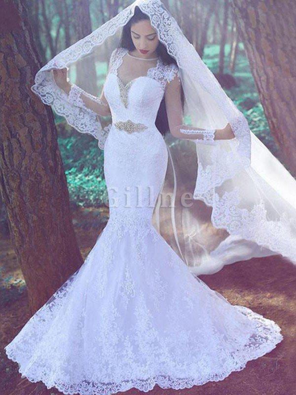 Abito da Sposa Sirena con Maniche Lunghe Cuore con Applique Coda A Strascico Corto