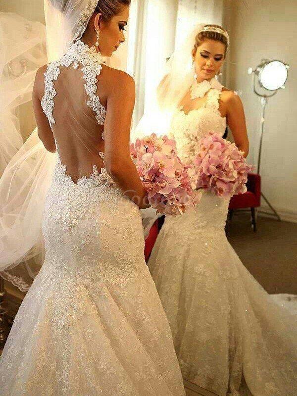 Robe de mariée naturel elevé de sirène avec sans manches avec décoration dentelle