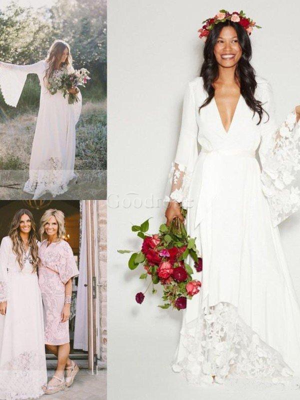 Robe de mariée de col en v coupé avec décoration dentelle avec manche longue naturel