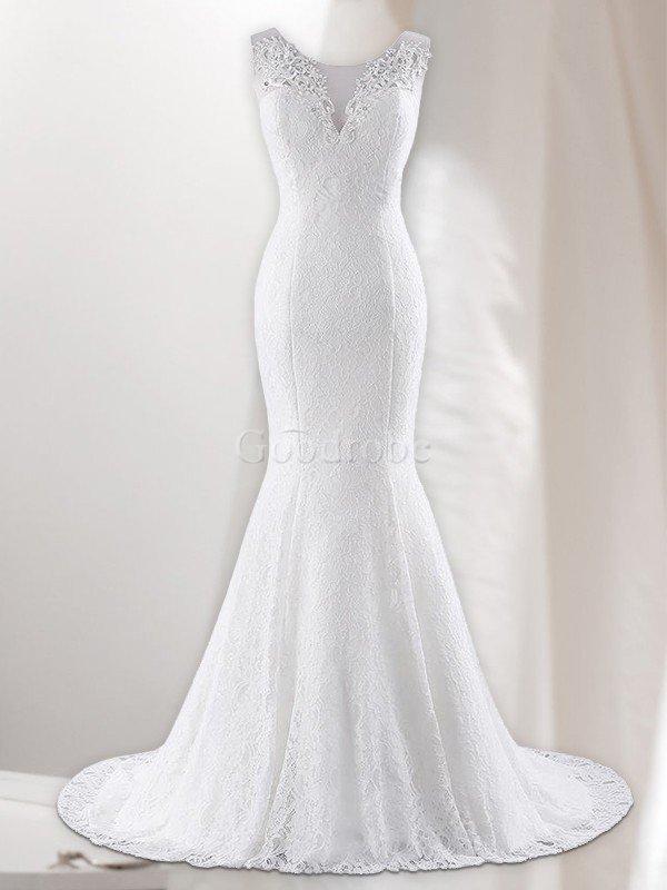 Robe de mariée de col en v avec décoration dentelle cordon avant gardiste naturel