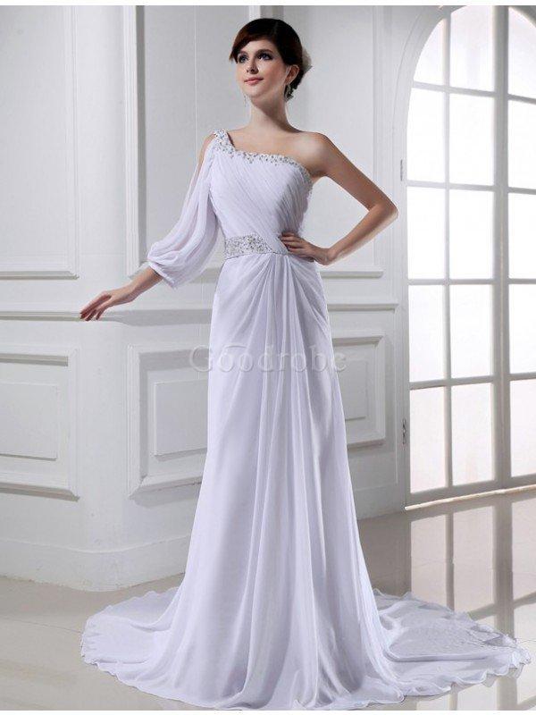 Robe de mariée avec perle a ligne avec lacets d'épaule asymétrique de traîne moyenne