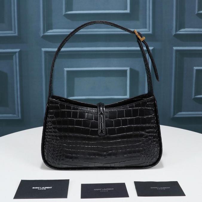 Saint Laurent Le  A 7 Hobo Bag In Crocodile Embossed Shiny Leather Black/Gold