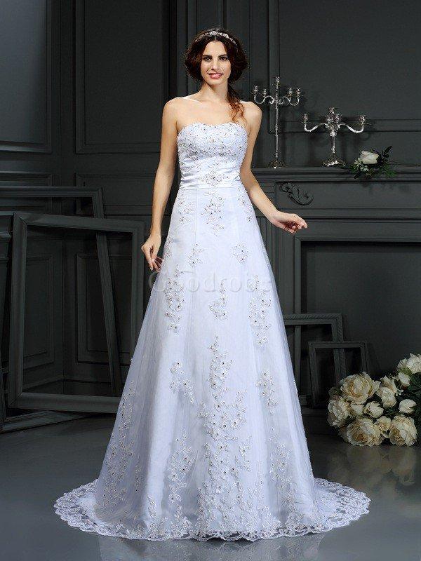 Robe de mariée en satin manche nulle appliques avec lacets de princesse