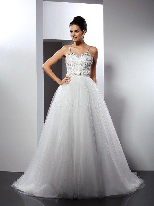 Robe de mariée longue manche nulle textile en tulle avec perle ligne a