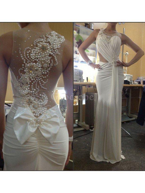 Robe de mariée naturel de traîne courte manche nulle avec perles avec chiffon