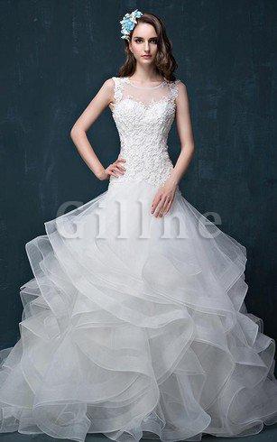 Abito da Sposa in Pizzo in Raso con Applique con Perline in Organza