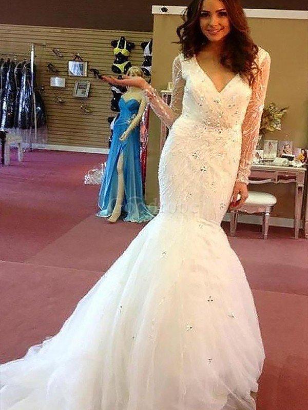 Robe de mariée naturel en tulle de traîne moyenne avec manche longue v encolure