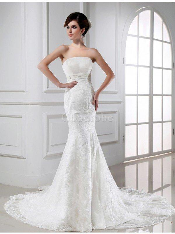 Robe de mariée de bustier avec perle en tulle avec décoration dentelle manche nulle