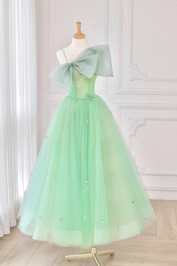 Green Tulle Short Prom Dress, A Line Evening Dress with Bow APH0308
