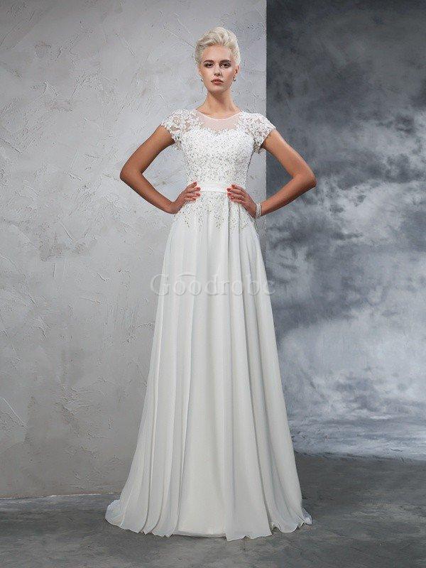 Robe de mariée de princesse de traîne courte avec manche courte ligne a avec chiffon