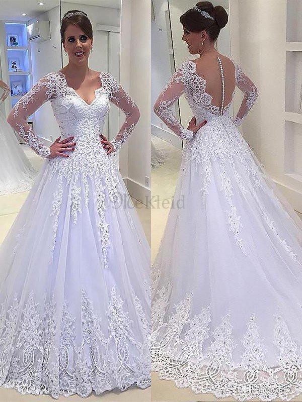 A Line V Ausschnitt Langärmeliges Prinzessin Brautkleid mit Gericht Schleppe