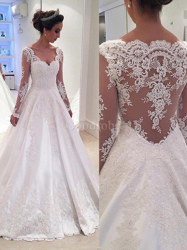 Robe de mariée naturel avec décoration dentelle avec manche longue en satin de col en v