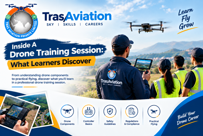 Inside a Drone Training Session: What Learners Discover
From drone components to practical flying, here is what you learn in a professional drone training session.
Wondering what actually happens in class? A typical session moves through five stages.
1. Drone components. Frame, motors, propellers, battery, flight controller and camera, and what each one does.
2. Controller basics. Sticks, modes and screen. Learners get comfortable before leaving the ground.
3. Safety guidelines. Pre-flight checks, safe distances and emergency actions.
4. Regulations and compliance. Flying legally in India, including DGCA requirements and permitted areas.
5. Practical flying. Supervised flights where theory becomes skill.
The result is a learner who understands the machine, the rules and the sky. Explore our training courses to find your starting point.
