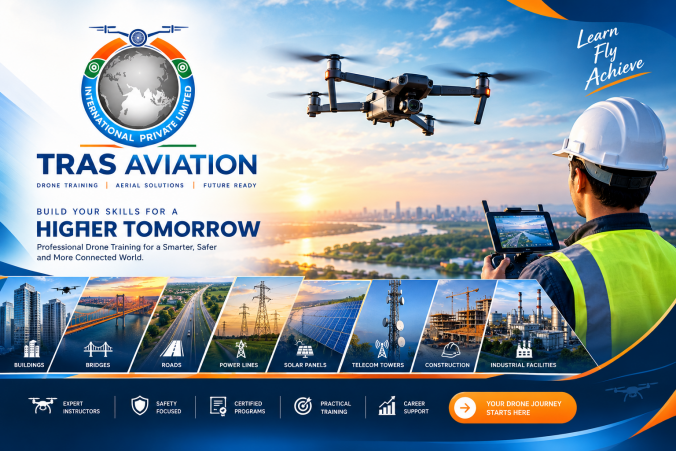 Drone Training for a Higher Tomorrow
Professional drone training opens doors across infrastructure, energy, telecom and construction. See where trained drone pilots are needed.
Drones now work on jobs that used to need scaffolding, cranes or long site walks. The banner shows eight areas where trained pilots are useful:
Buildings and construction: progress monitoring and site surveys.
Bridges and roads: visual inspection of hard-to-reach structures.
Power lines and solar panels: checking equipment from a safe distance.
Telecom towers: inspecting towers without climbing.
Industrial facilities: surveying large plants efficiently.
TRAS Aviation also serves industries such as agriculture, power plant, public safety, media, infrastructure and construction. Training is built around safety, practical flying and certified programs, so you learn to fly responsibly and to do useful work.
Ready to begin? Explore our Industry Ready Courses.